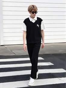 2pcs/Set Teen Boy Classic Black & White Color Teens Boys 2 In 1 White Shirt Vest Tee + Elastic Waist Casual Pants Outfit