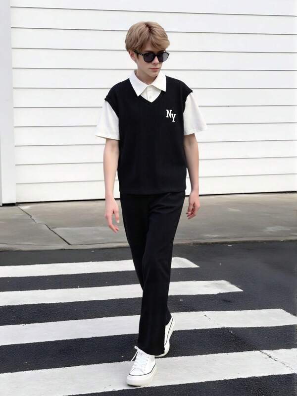 2pcs/Set Teen Boy Classic Black & White Color Teens Boys 2 In 1 White Shirt Vest Tee + Elastic Waist Casual Pants Outfit