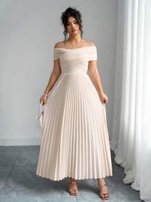 SHEIN PETITE CURVE Plus Size Women Off The Shoulder Ruched Design Dresses, Summer Elegant Formal Dress For Wedding Guest