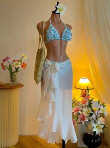 SHEIN MOD Conjunto de bikini en color azul pálido compuesto por un sostén de halter con espalda atada y un tanga con lazos laterales, para decoración floral - Azul - Ver 3