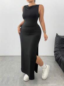 Flirla Plus Size Women Summer Casual Solid Color Side Slit Dress - Black - View 5