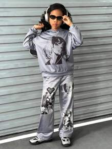 SHEIN Explorewe 2 件套 女童卡通印花连帽领长袖上衣和裤子休闲装 - 灰色 - 查看 3