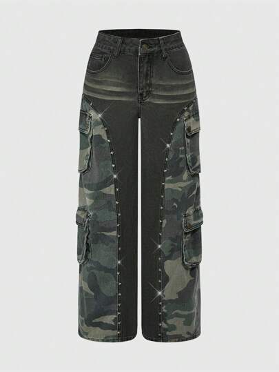 J-Fashion Jeans anchos de mujer con bolsillos cargo, parches de camuflaje vintage Y2K y decorados con remaches