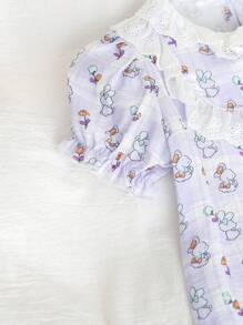 2pcs Baby GirlSoft & Comfy Purple Cute Rabbit Floral Print Top With Embroidered Collar & Back Keyhole Closure,Paired With Pants, Lovely Loungewear Set - Purple - View 7