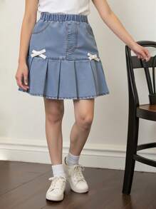 SHEIN Girls' Cute Bowknot Denim Pleated Mini Skirt, Fashionable & Versatile, Suitable For Outdoor Activities, Vacation, Casual Wear - Light Wash - View 8