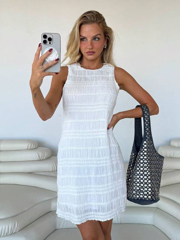 Roylia Stretchy Embroidered Fabric, Pleated Fabric, Chiffon Embroidered Fabric, Striped Pattern, Solid Color, Fitted, Sleeveless, Round Neck, Multi-Layered Ruffle Trim, Vacation, Holiday, Wedding Party, Elegant, Sexy, Glamorous, Stylish, Romantic, Commuting, Minimalist, Casual, Spring/Summer Regular Short Women Dress