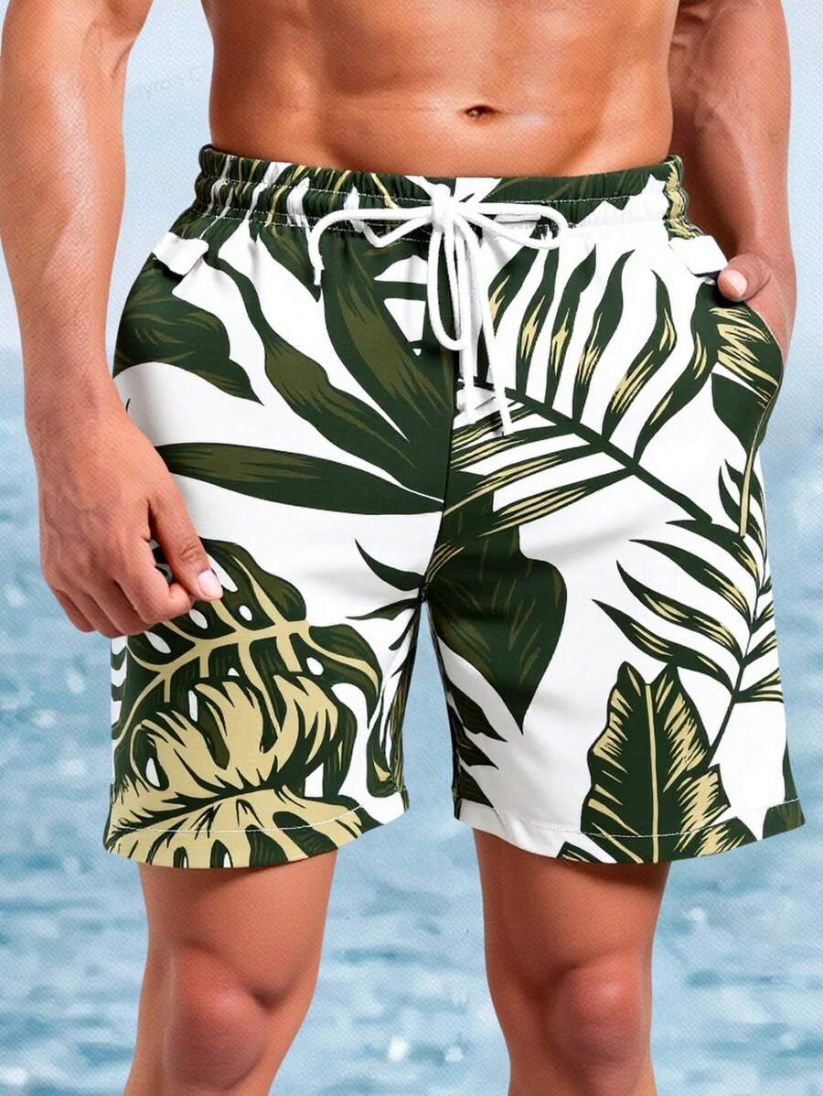 Manfinity Swimmode Men's Green Tropical Leaf Print Pocket Polyester Beach Shorts - Green - View 1