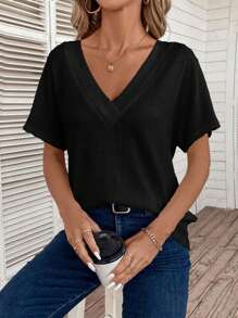 EMERY ROSE Women's Solid Color V-Neck Short Sleeve Casual T-Shirt - Black - View 4