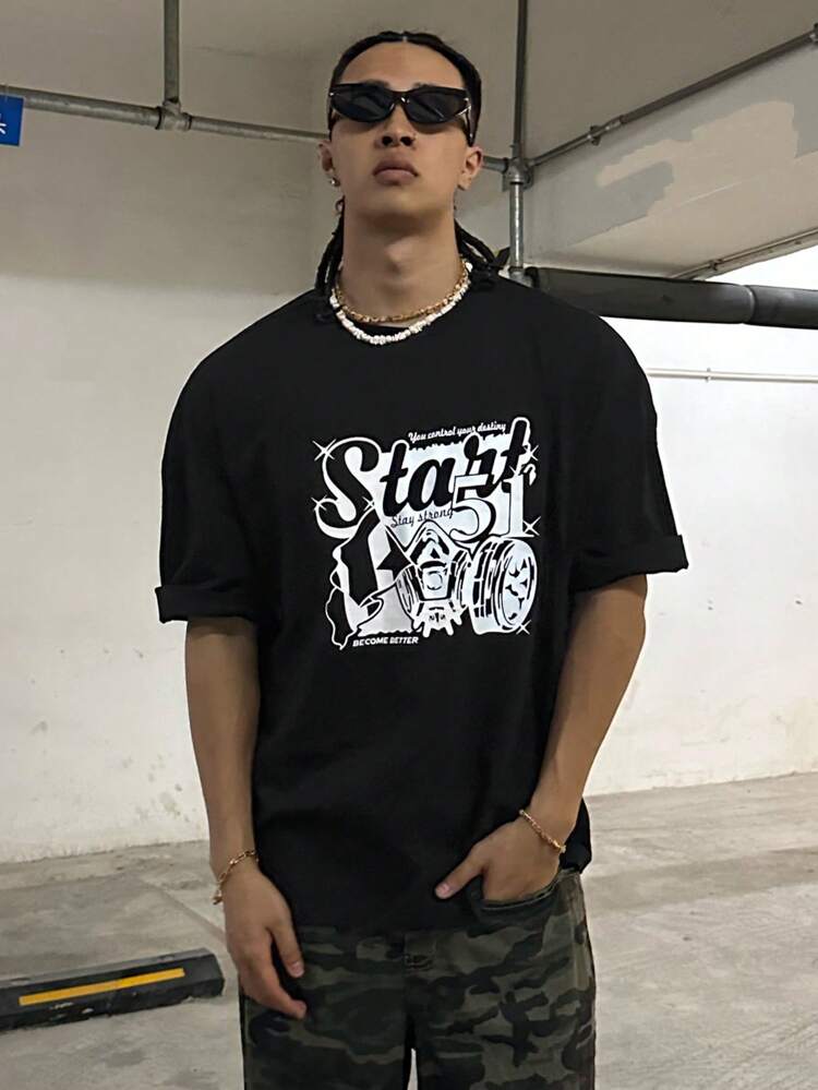 Summer Letter Print Black Hiphop West Coast Style Men's T-Shirt,Graphic Tees