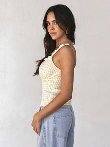 Roylia Women's U-Neck Plaid With Yellow Contrast Ruffle Trim Camisole, Versatile , Square Neck Top - Yellow - View 4