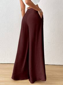 SoleilVie Fall Women Clothes Women's Solid Color Button Pleated Elegant Wide Leg Pants - Burgundy - View 2