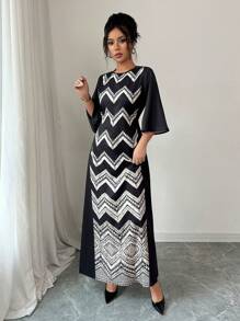 Chiquease Women's Elegant Print 3/4 Sleeve Cinched Waist Dress - Black - View 6