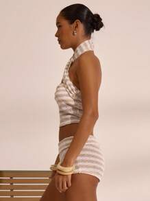 MUSERA Crossover Halter Neck Bandeau Textured Knit Stripe Top Spring Summer Vacation Boho Ibiza Elegant Beach Cute. Beach House Holiday - Khaki - View 2