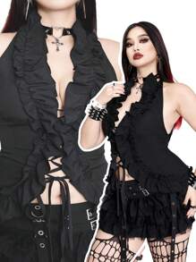 Flirla Casual Punk Pleated Designed Plus Size Blouses - Black - View 2