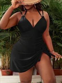 Slaydiva Women's Plus Size Pink Spaghetti Strap Ruffled Swim Dress, Slim Fit Fashion Summer Beach Vacation