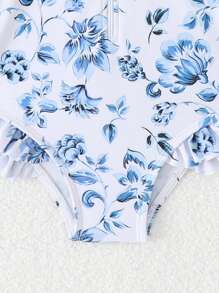 女婴花卉印花荷叶边连体泳衣，夏季假日海滩