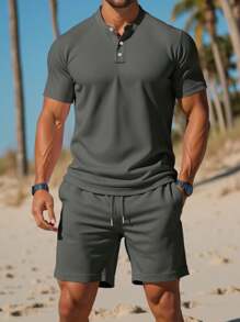 Manfinity Dauomo 男士纯色短袖 Polo 衫和抽绳腰口袋短裤套装
