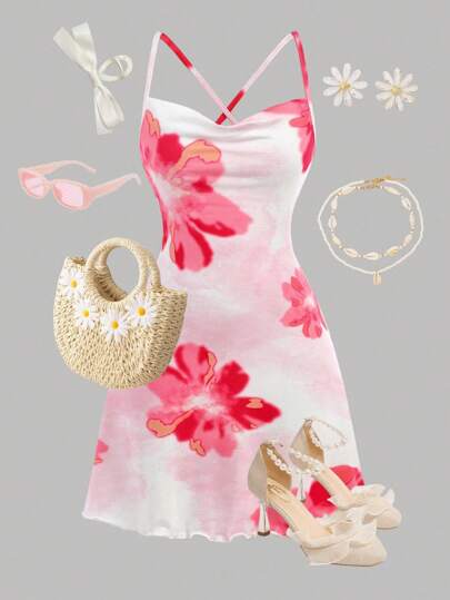 Girlism Sukienka mini dla nastolatki z nadrukiem kwiatowym i krzyżowymi ramiączkami, dopasowana na wakacje