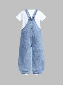 SHEIN Mono de mezclilla suave con estampado de flores, corazones y arco iris para niña joven