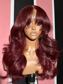 Wear&Go Glueless Curtain Bangs 99j Burgundy Body Wave Remy Human Hair Wig Pre- Plucked Bleach Knots Pre-Cut 6x5 Transparent Lace Closure Wigs 180% Density
