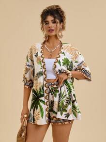 Travachic Set da 2 pezzi per taglie comode, adatto per le vacanze estive: camicia stampata con alberi di cocco e pantaloncini