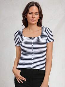 Miaspire Women Striped Print Square Collar Short Sleeve Casual T-Shirt, Summer