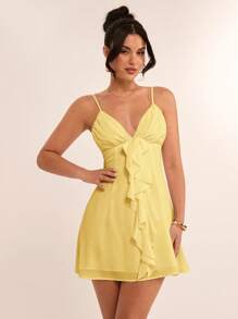 SHEIN BAE Vestido corto con cuello en V profundo, volantes y estilo princesa dulce en color blanco sólido, perfecto para el Día de San Valentín, graduación - Amarillo - Ver 6