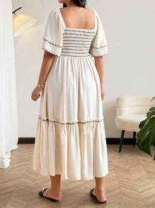Vionelle Plus Size Square Neck Boho Beach Vacation Black Contrast Embroidery Ruffle Hem Dress - Apricot - View 2