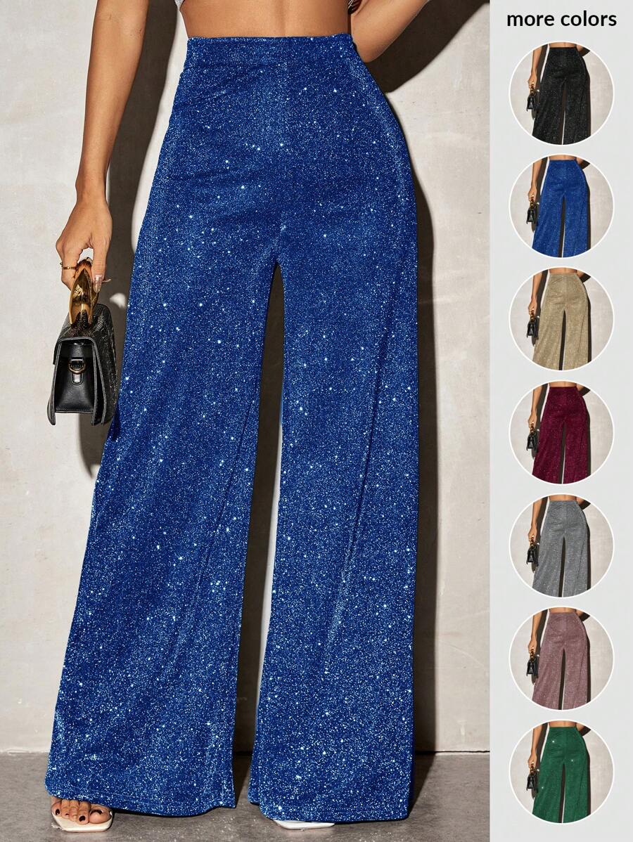 SHEIN SXY 休闲闪亮针织高腰阔腿女裤