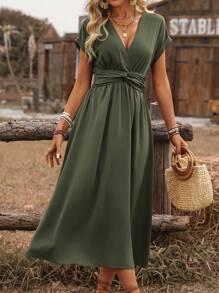 SHEIN PETITE Women's Bohemian Beach Cover-Up Dress With Criss-Cross Shirred, Twist Waist, Ruffled Hemline, And Dolman Sleeves For Spring/Summer Vacation - Army Green - View 7