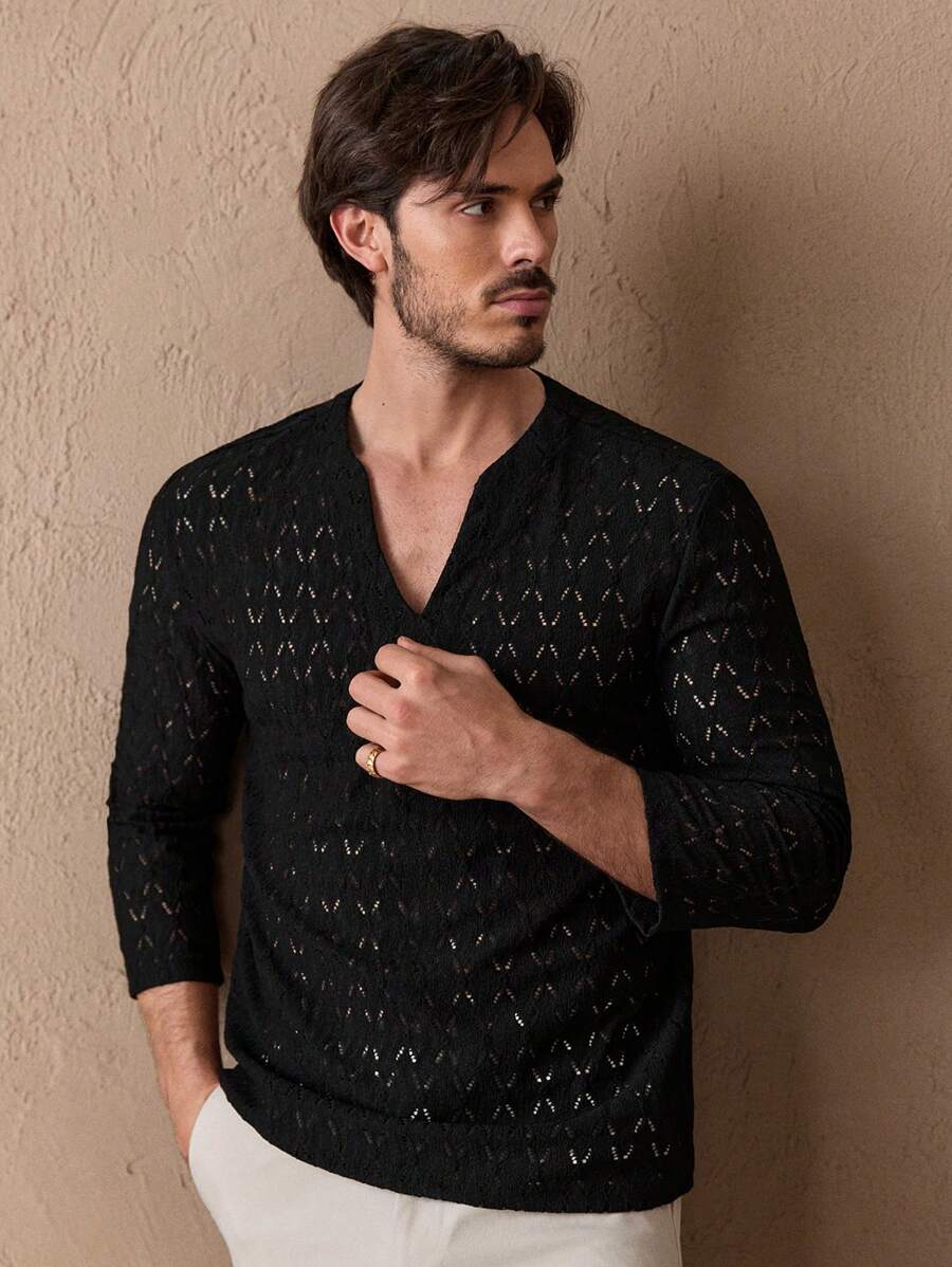 Manfinity NXTstreet Camisa de manga larga con cuello con muesca y diseño liso para hombre, para vacaciones - Negro - Ver 1