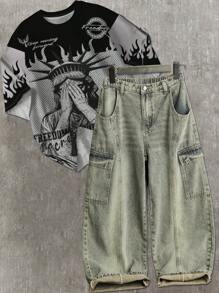 SHEIN 青少年男童时尚休闲 Y2k 复古蓝色工装口袋和开衩设计宽松阔腿牛仔裤，柔软舒适，适合日常穿着以及儿童春夏服装 - 藍色 - 查看 1