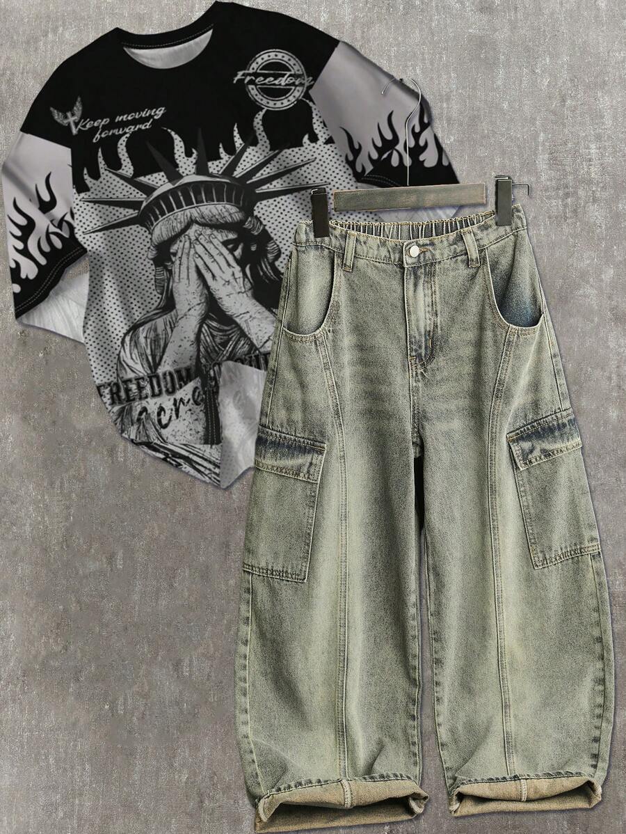 SHEIN 青少年男童时尚休闲 Y2k 复古蓝色工装口袋和开衩设计宽松阔腿牛仔裤，柔软舒适，适合日常穿着以及儿童春夏服装 - 藍色 - 查看 1