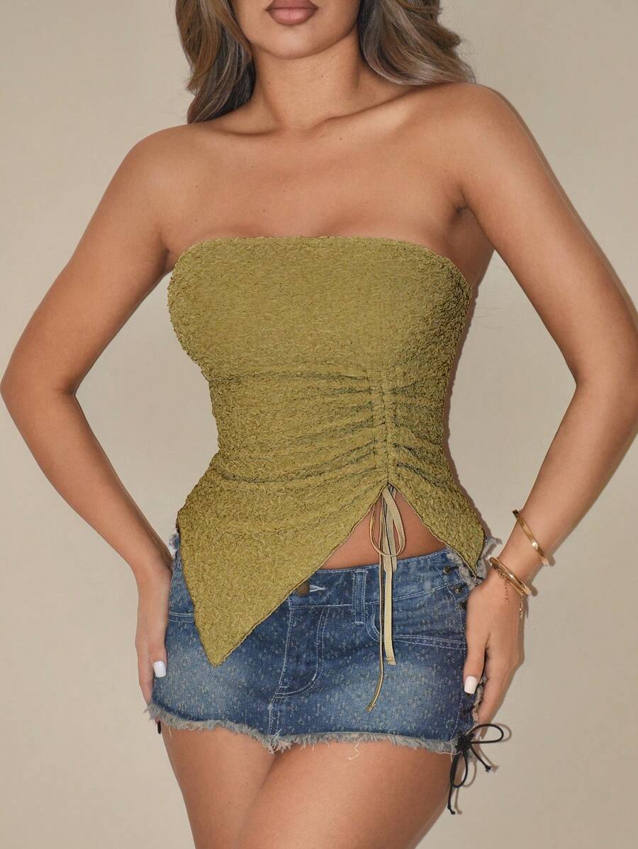 SHEIN ICON Y2K 性感露肩抽绳不对称下摆紧身胸衣上衣，夏季 - 綠色 - 查看 1