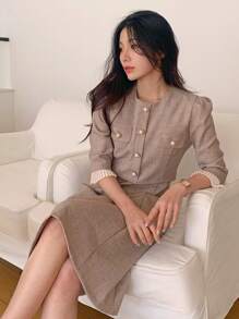 DAZY Women Elegant Mid-Length Patchwork Sleeve Dress - Khaki - View 5