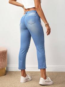 EMERY ROSE Jeans casuales ajustados con estampado floral y bolsillos rotos para mujeres - Lavado ligero - Ver 2