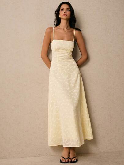 Poéselle Women's Dresses Lace-Up Backless Romantic Dress Cute Dress Cream Yellow Dress Women's Mid-Length Solid Color Spaghetti Strap Dress, Fashionable For Summer,Graduation Dresses Women Dresses Birthday Women Birthday Outfit Woman S Summer Clothes