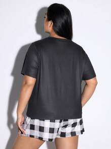 ROMWE Kawaii Conjunto de loungewear casual plus size xadrez e estampa inglesa, para o verão - Preto - Ver 4