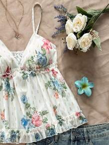 Soleia WYWH 夏季度假女士休闲海滩风白色波点蕾丝V领吊带背心，饰有荷叶边和面料纹理，两件套，适合返校季、婚礼季、下午茶等场合。 - 白色 - 查看 6