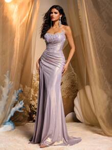 Glamrae Elegante y lujoso vestido de punto fruncido con abertura, decorado con cuentas y cristales, adecuado para bodas, fiestas, vacaciones, galas y ocasiones formales (con gran cantidad de decoración), vestido de fiesta, vestido de gala, para la noche, invitado de boda