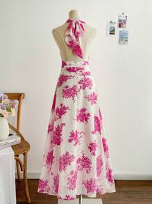 Soleia Vestido largo de mujer holgado con estampado floral, escote halter y espalda descubierta