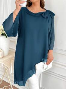 SHEIN Clasi Plus Size Solid Color Long Sleeve Shirt, Simple & Fashionable, Suitable For Summer - Navy Blue - View 3