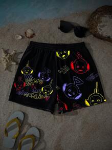 Teletubbies X SHEIN Tween Boy Cartoon Graphic Elastic Waist Summer Beach Swim Trunks - Black - View 1