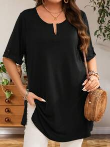 EMERY ROSE 大码女式早春短袖长款军绿色T恤 - 黑色 - 查看 1