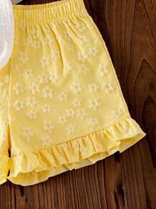 SHEIN Conjunto de colete e short amarelo com babados, malha jacquard marfim, para meninas pequenas, roupa de verão fofa e adorável para bebês