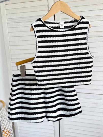 SHEIN 青少年女孩基本款纹理针织圆领无袖上衣和短裤两件套