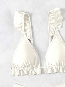 SHEIN Swim 女士纯色荷叶边系带白色比基尼套装 - 米色 - 查看 5