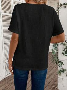 EMERY ROSE Women's Solid Color V-Neck Short Sleeve Casual T-Shirt - Black - View 2