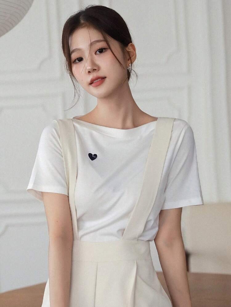 Women's Heart & Letter Embroidered Casual Short Sleeve T-Shirt Top, Summer