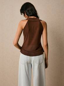 Poéselle Brown Ruffle V Neck Tie Front Sleeveless Top – Y2K Chic Mesh Blouse For Summer,Ruffle Top, V Neck Blouse, Tie Front Top, Brown Mesh Top,Summer Tops Women, Sleeveless Ruffle Top - Coffee Brown - View 2